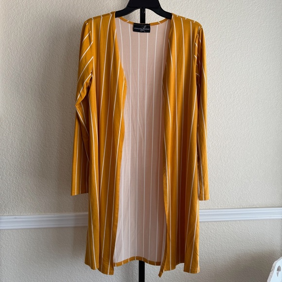 Mustard Yellow Striped Long Sleeve Cardigan Open Front Lightweight Jacket Large - Picture 1 of 8